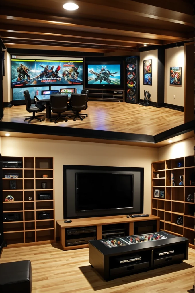 Gamer room of 2.80 meters long and 2 meters wide with a 75-inch television, consoles and various action figures.