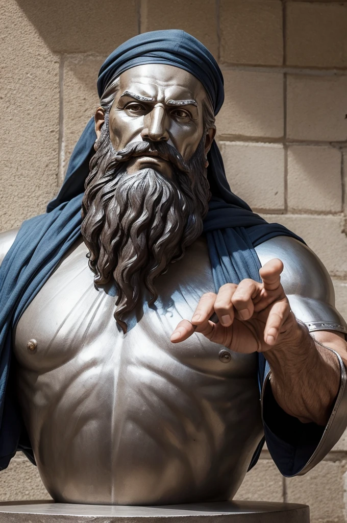 Greek man metal statue, senior citizen, long beard, very muscly, making a gesture asking for silence