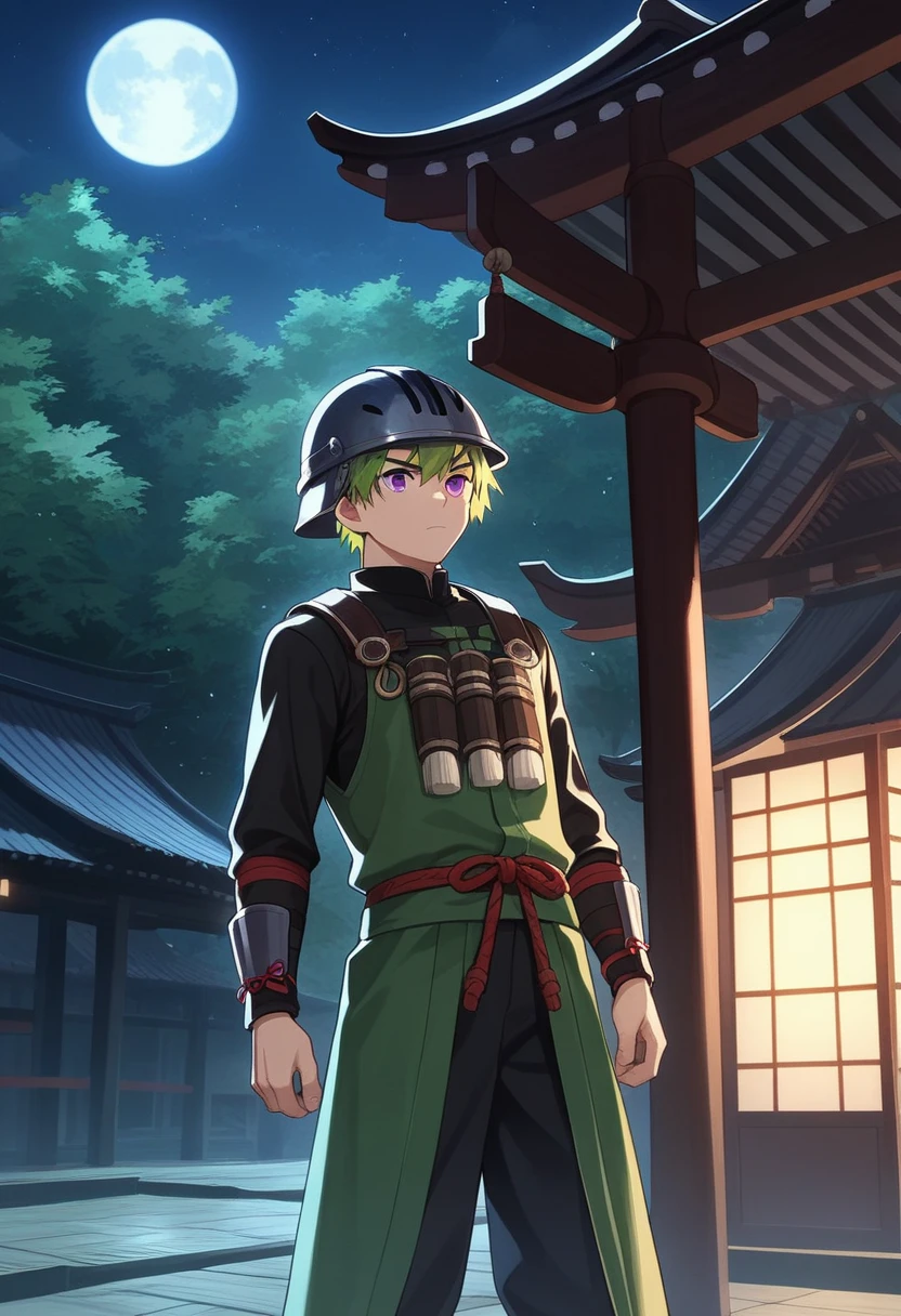 score_9, score_8_up, score_7_up, source_anime, rating_safe, , anime screencap, anime coloring, official style, , , 1boy, solo, male focus, percival_nnt_mny, green hair, purple eyes, helmet, cowboy shot, dojo, night, full moon, floating, serious, mysterious, dark, 