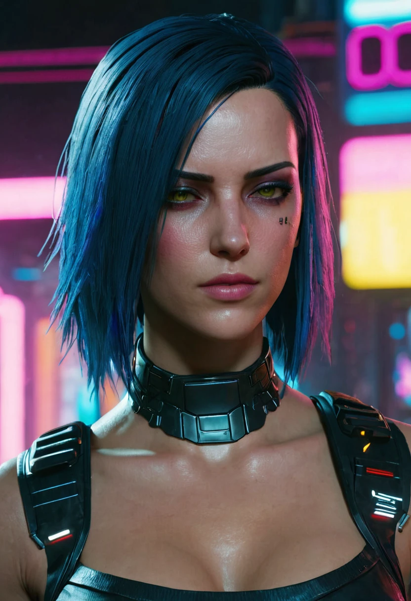 The badass cyberpunk dystopian 3098 apocalypse warrior, dystopian apocalypse ,mature woman, strong body, (red eyes), dark blue hair,((beautiful hard breast)), battle scar's, neon shadows,, dark horror gloomy weather, demons hunter,,(Solo leveling),,,tattoos,(massive perfect snoopy breast:1.0), massive perfect breast,,(muscular body:0.7), undercut hairstyles,,shot hair, (naked breast), (realistic skin texture:1.2),4k, (cinematic photography:1.0),,(head and breast closeup)