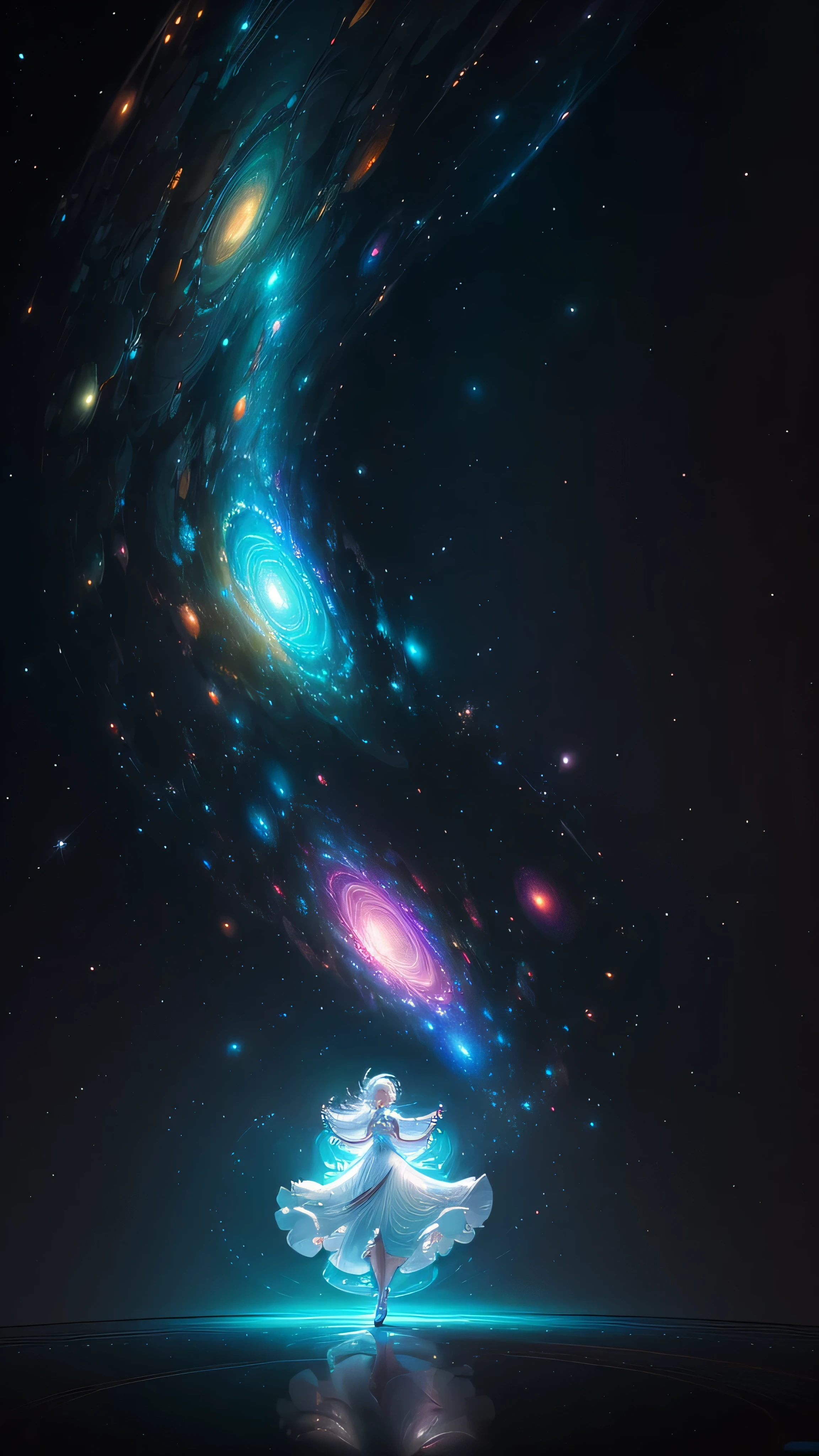 In this breathtaking 4K resolution masterpiece, A dreamlike white-haired girl is seen dancing gracefully in a vast space.. Her flowing dress makes her look comfortable all around.々and floating, highlighting her graceful movements. This scene was shot with professional precision., Showcasing an extreme level of detail in every aspect of this work of art. Fractal art background creates a mesmerizing and hypnotic atmosphere, Vivid and colorful space patterns. Celestial glow illuminates the serene atmosphere, Creates a fascinating and otherworldly atmosphere. The seamless motion and high resolution of this image、It transports the viewer to a realm of pure beauty and aesthetic pleasure.。. With fine texture, Fantastic lighting, Fascinating composition, This piece is truly a work of art..