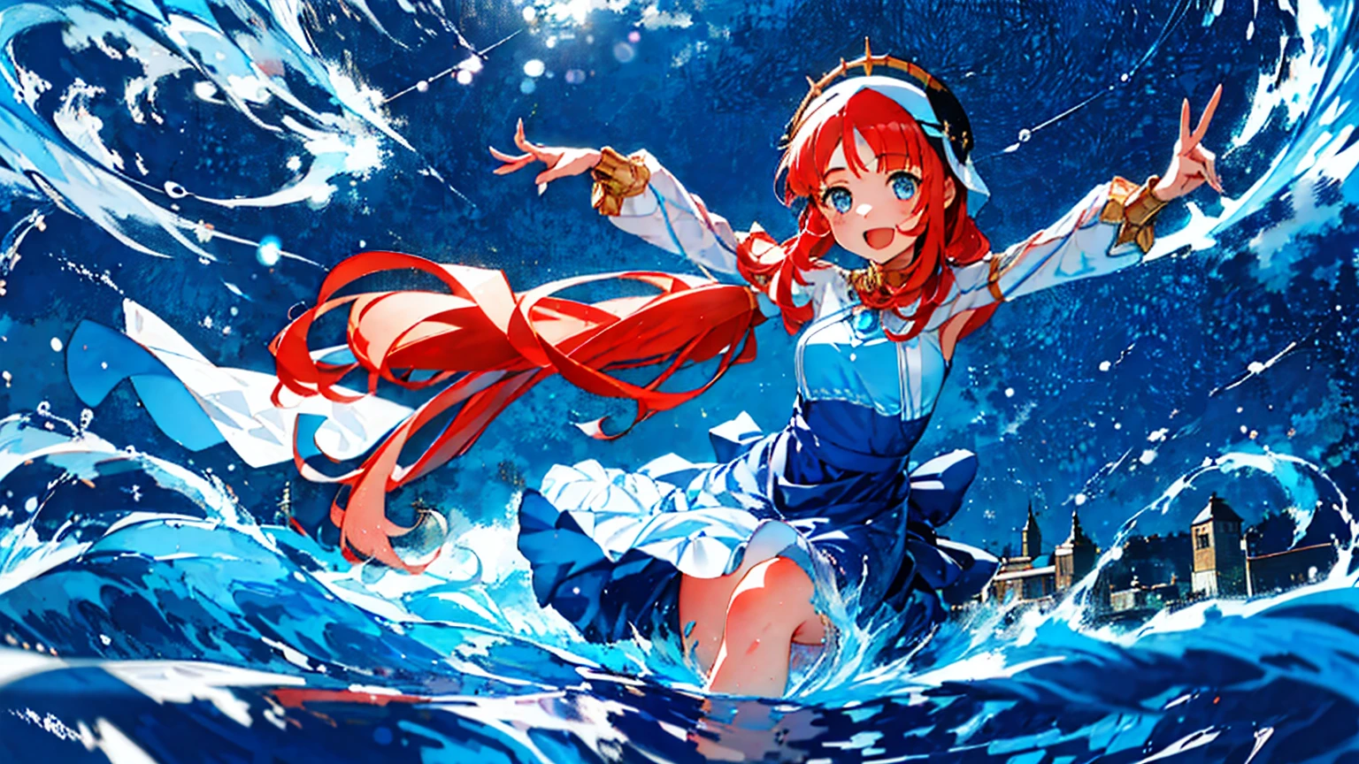 Extremely detailed representation，high quality，16K、8K、high resolution、masterpiece、1 Girl、Please open your mouth wide、Please laugh out loud、Beautiful Teeth,Look up at the starry sky,Floating on the surface of the water,Floating on water,stars shining on the water surface,Calm water surface,White Dress,Redhead