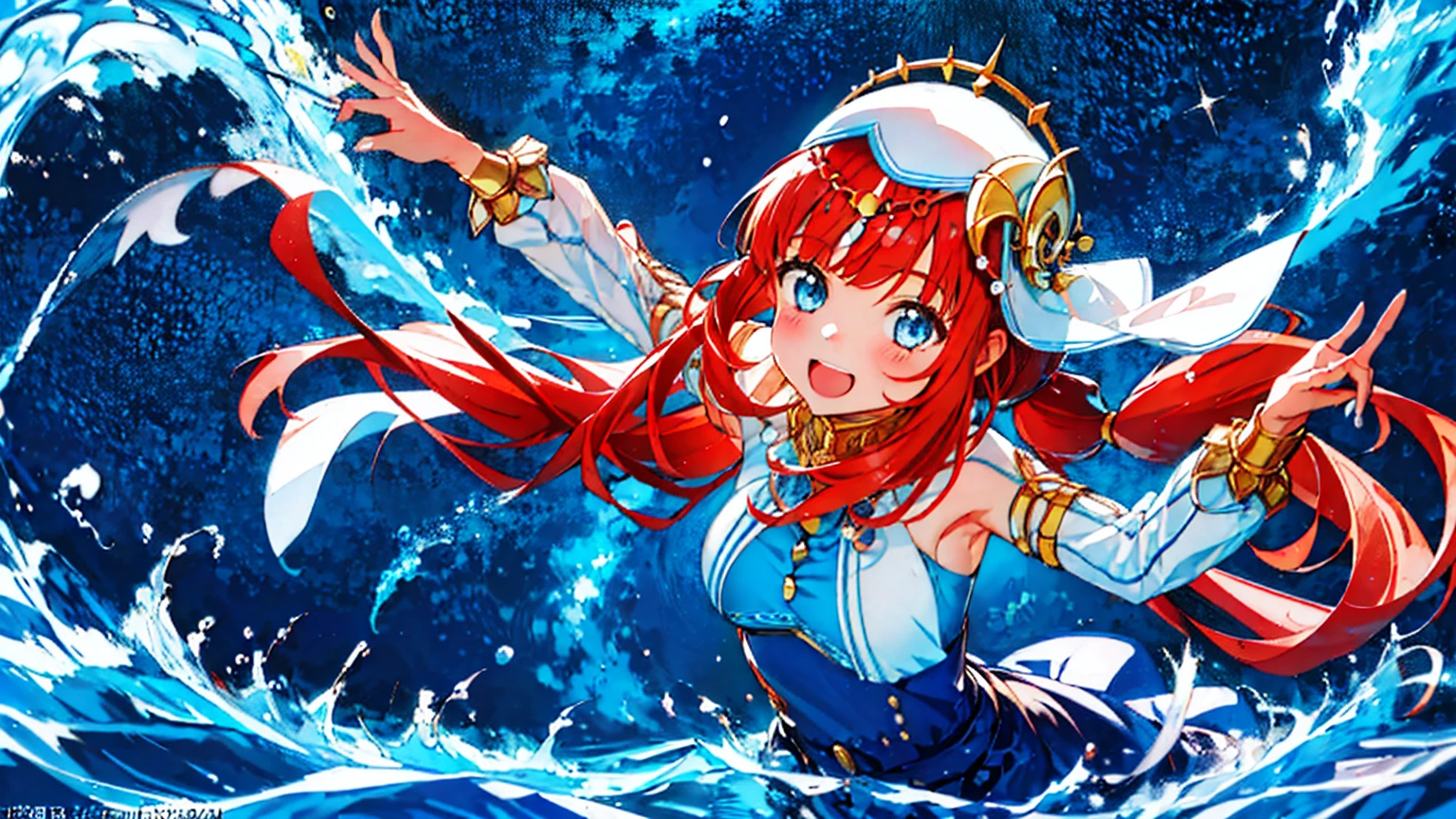 Extremely detailed representation,high quality,16K、8K、high resolution、masterpiece、1 Girl、Please open your mouth wide、Please laugh out loud、Beautiful Teeth,Look up at the starry sky,Floating on the surface of the water,Floating on water,stars shining on the water surface,Calm water surface,White Dress,Redhead