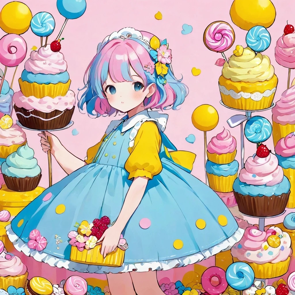Girl from the land of sweets。pink、light blue、Yellow in pastel colors、With an interesting composition。