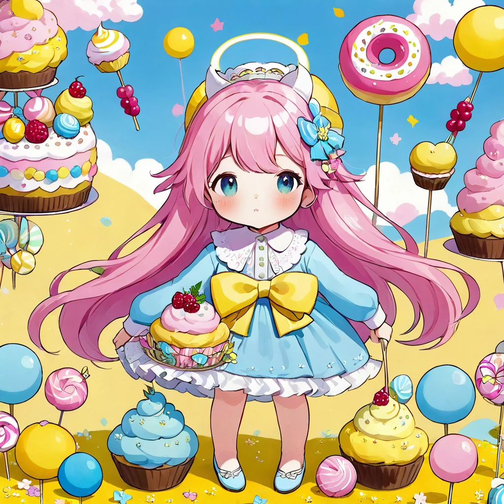 Girl from the land of sweets。pink、light blue、Yellow in pastel colors、With an interesting composition。