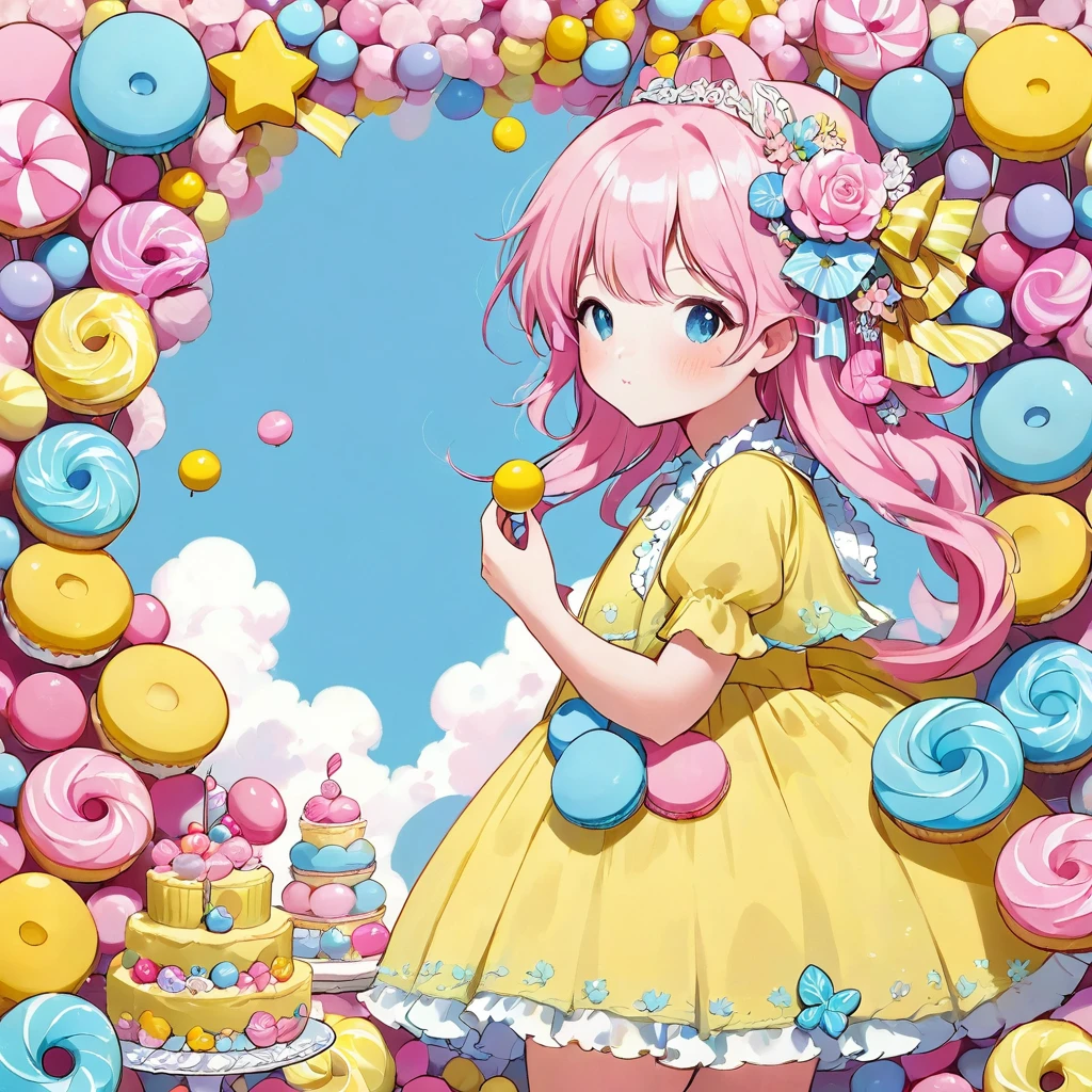 Girl from the land of sweets。pink、light blue、Yellow in pastel colors、With an interesting composition。