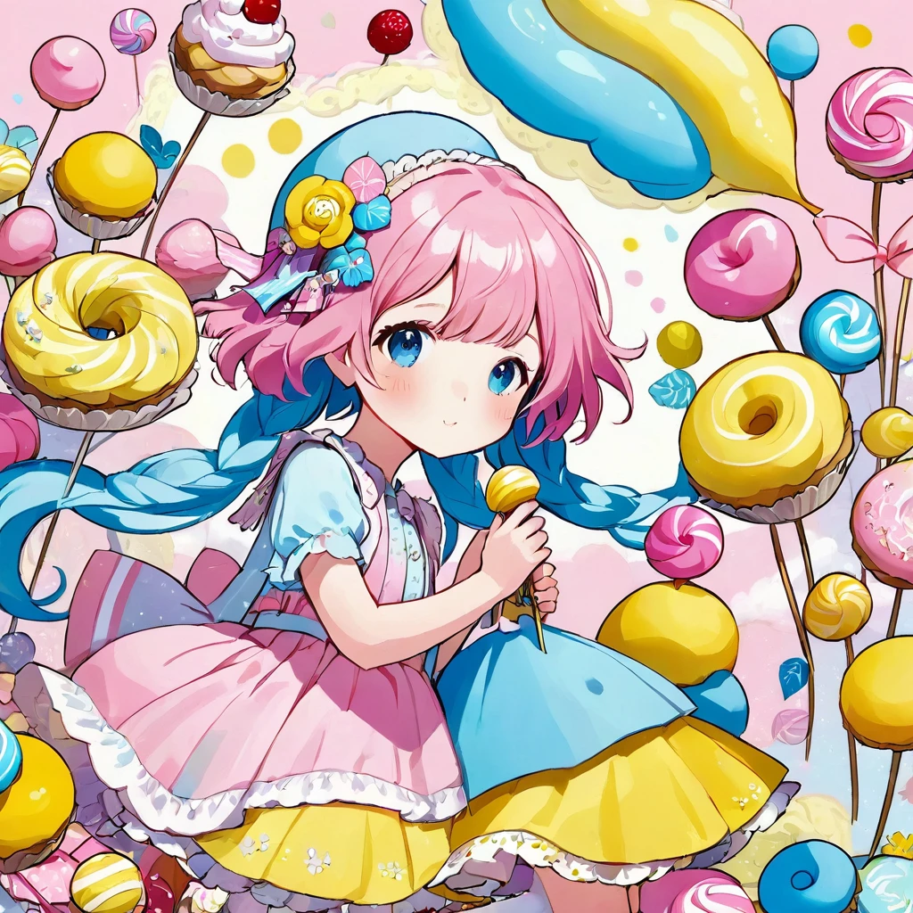 Girl from the land of sweets。pink、light blue、Yellow in pastel colors、With an interesting composition。