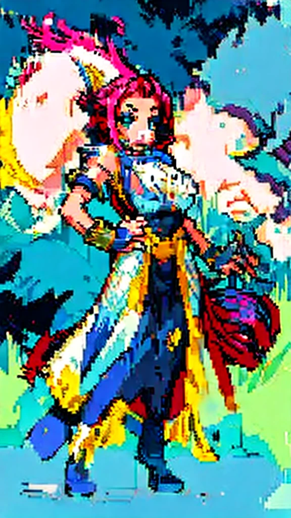 (pixel)(masterpiece, best quality, ultra-detailed, adult, Cala, 1girl, solo) large breasts, (bracelet, collar, full body, surprised, worried, red hair, spiky hair, full body, looking at the viewer, female focus)