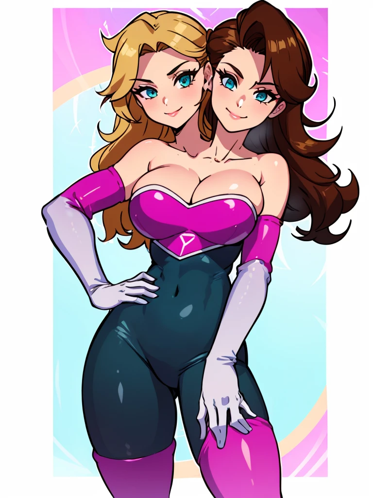 (masterpiece),(ultra-detailed), (high quality), (high resolution), (best quality:1.5, highres, UHD), highres, absurdo, ultra detail, ultra quality, Ultra resolution, 16k, 1girl, (2heads:1.5), ((girl with two heads)), golden blonde hair, (((same identical hair color))), black dress, large breasts, cleavage,dbgtbra, 1 girl, solo, blonde hair, brown hair, long hair, aqua eyes, eyeshadow, smile, closed mouth, cowboy shot, 1 girl, solo, rouge_the_bat_(cosplay), black rubber bodysuit, white elbow gloves, bare shoulders, medium breast, pink lipstick, smile, standing up