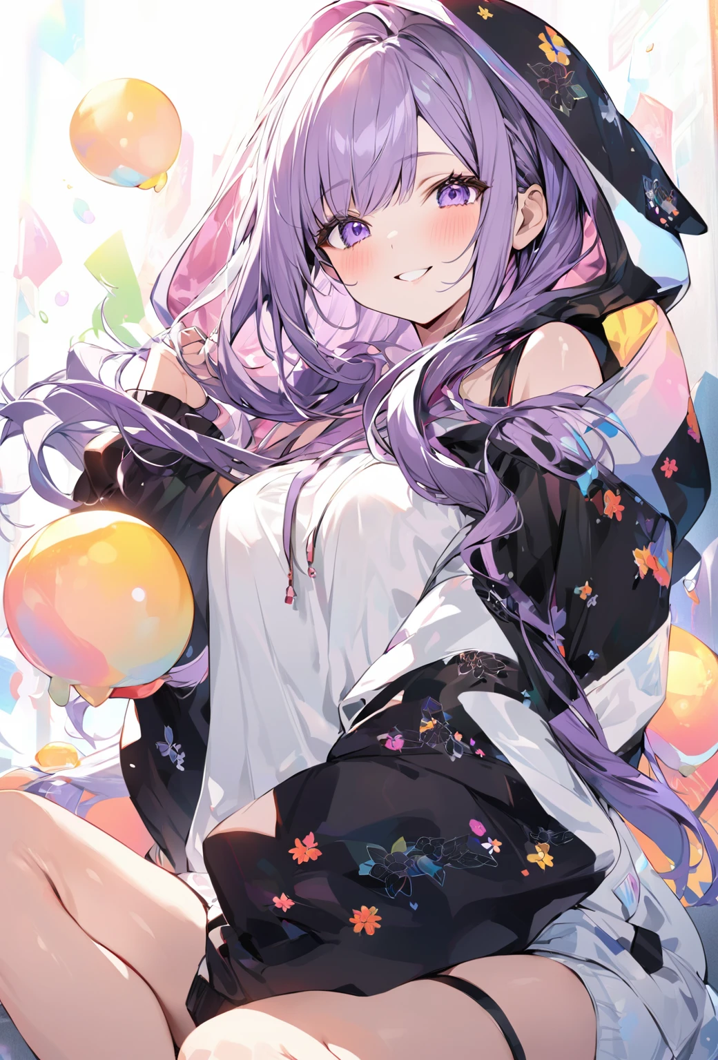 ((Highest quality)), ((masterpiece)), ((Very detailed)), A cute, energetic and active woman with purple hair, about 165cm tall.，A high school girl with a cute smile and ample breasts wearing a cool patterned hooded outfit that exposes her shoulders，Small Faced Woman，alone, Cute attitude,(background(bright)，Long Hair - Straight，Knee-high socks、A cool white, off-the-shoulder outfit with a cute pattern and hood，White wall、Sitting、Facing the viewer、縁に模様がある壁が1面のbackground