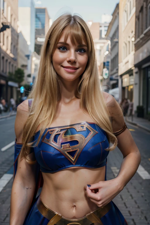 1 girl, ((Dressed as Supergirl)), beautiful Realistic supermodel (blue eyes), (She is smiling: 1.1), perfect face, split lips, (Best quality, 8k, Masterpiece: 1.3), perfect hands, focus clear: 1.2, perfect body beauty: 1.4, thin abdomen: 1.2, highly detailed face and skin texture, detailed eyes, (long blonde hair with bangs: 1.3) standing, dynamic pose, (in a city)
