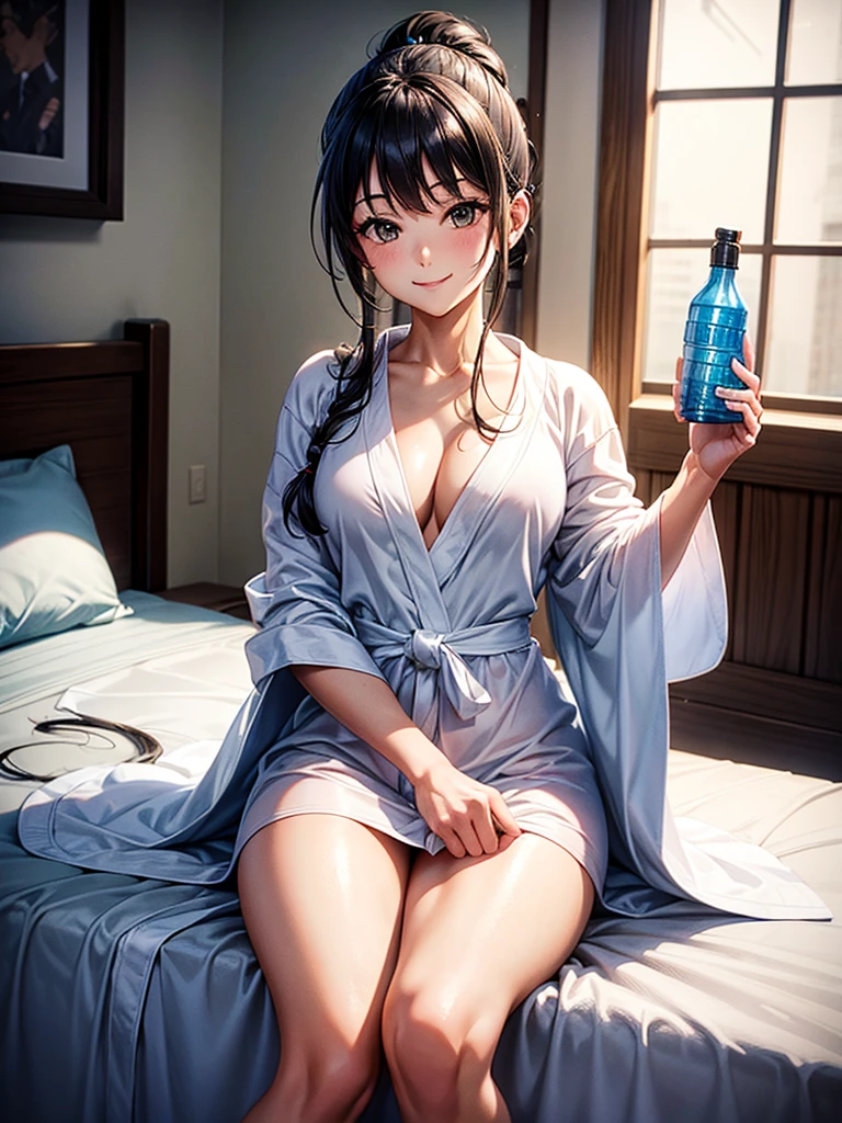 Highest Resolution,Highest quality,A beautiful girl wearing a gown bathrobe and holding a plastic bottle in her bedroom,underwear,Full body close-up,white bathrobe gown,Sit on the bed,smile,Black hair ponytail,