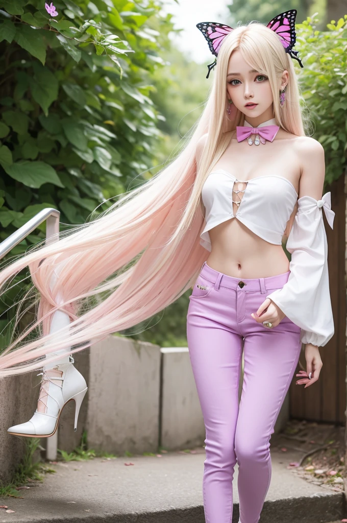 Blonde and pink straight hair,light green eyes,purple pants,white top with butterflies,white high heels with bow and piercing, realisitic