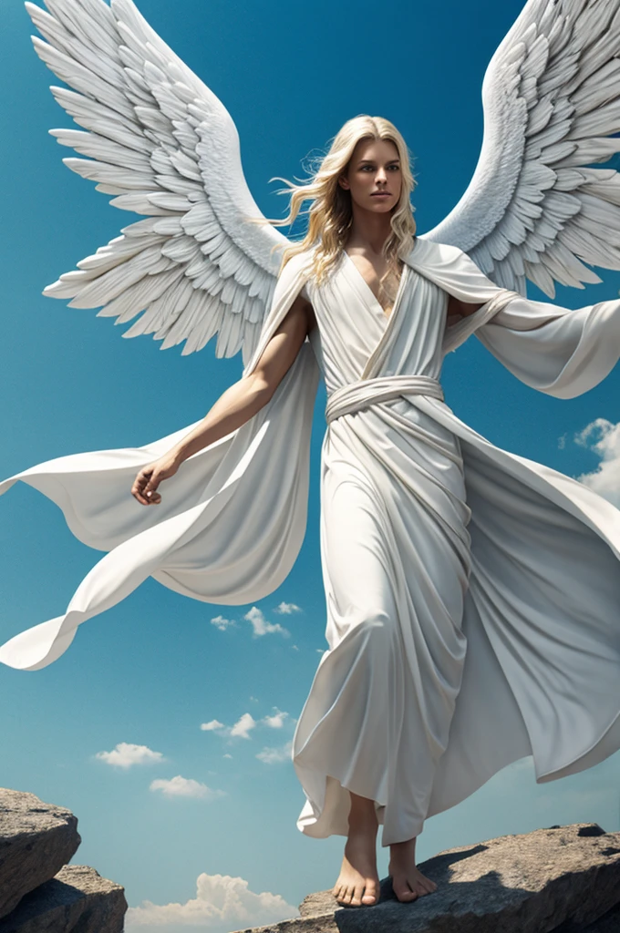 Angel elevated above the rocks, with an angelic appearance, white blonde, blue eyes, athletic physical appearance and enormous wings of fire. His clothing is a white tunic. Around a dark space and under the angel's feet a foundation of limestone and water. sketch in strong and real colors
