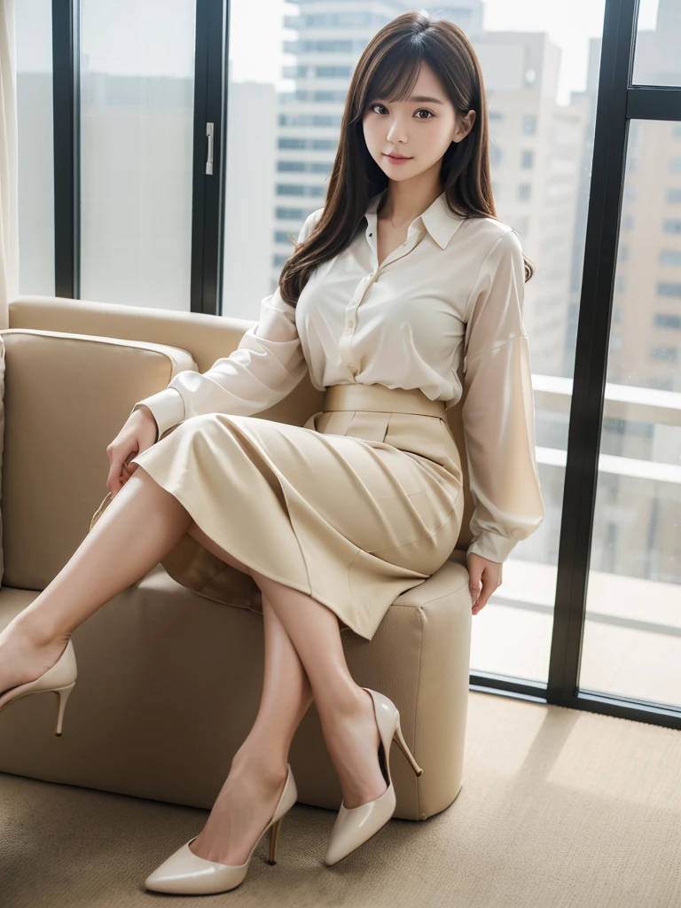 High heels、blouse、Beige mid-length skirt 、(Highest quality)、((Very detailed))、4K、(8K)、masterpiece、Very detailedな、Highest quality、Super Resolution、1 person、Kind Face、Soft Light、RAW quality、Soft Skin、163cm、White Room、Sit on a chair,30 years old、office
