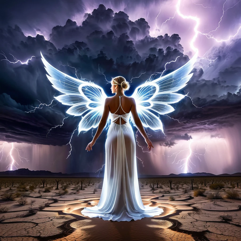 A surreal angel with fractal-patterned wings and robes, standing in an abstract desert with fractal storm clouds and surreal lightning.