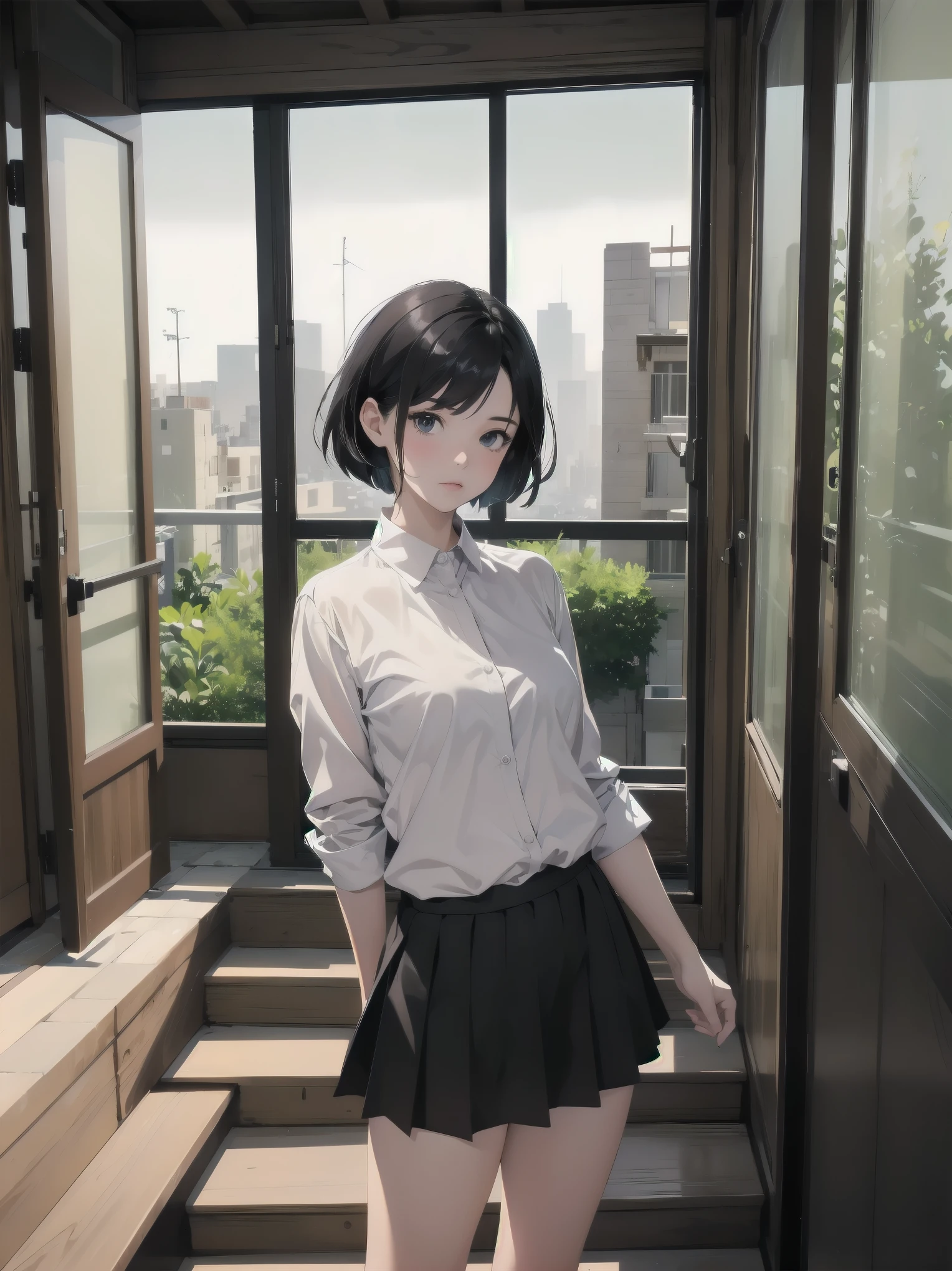 masterpiece, best quality, ultra-detailed, illustration,
1girl, , black hair, skirt , short hair, white shirt,
kaidan, stairs, scenery, window, ダイナミックアングル、ダイナミックポーズ
