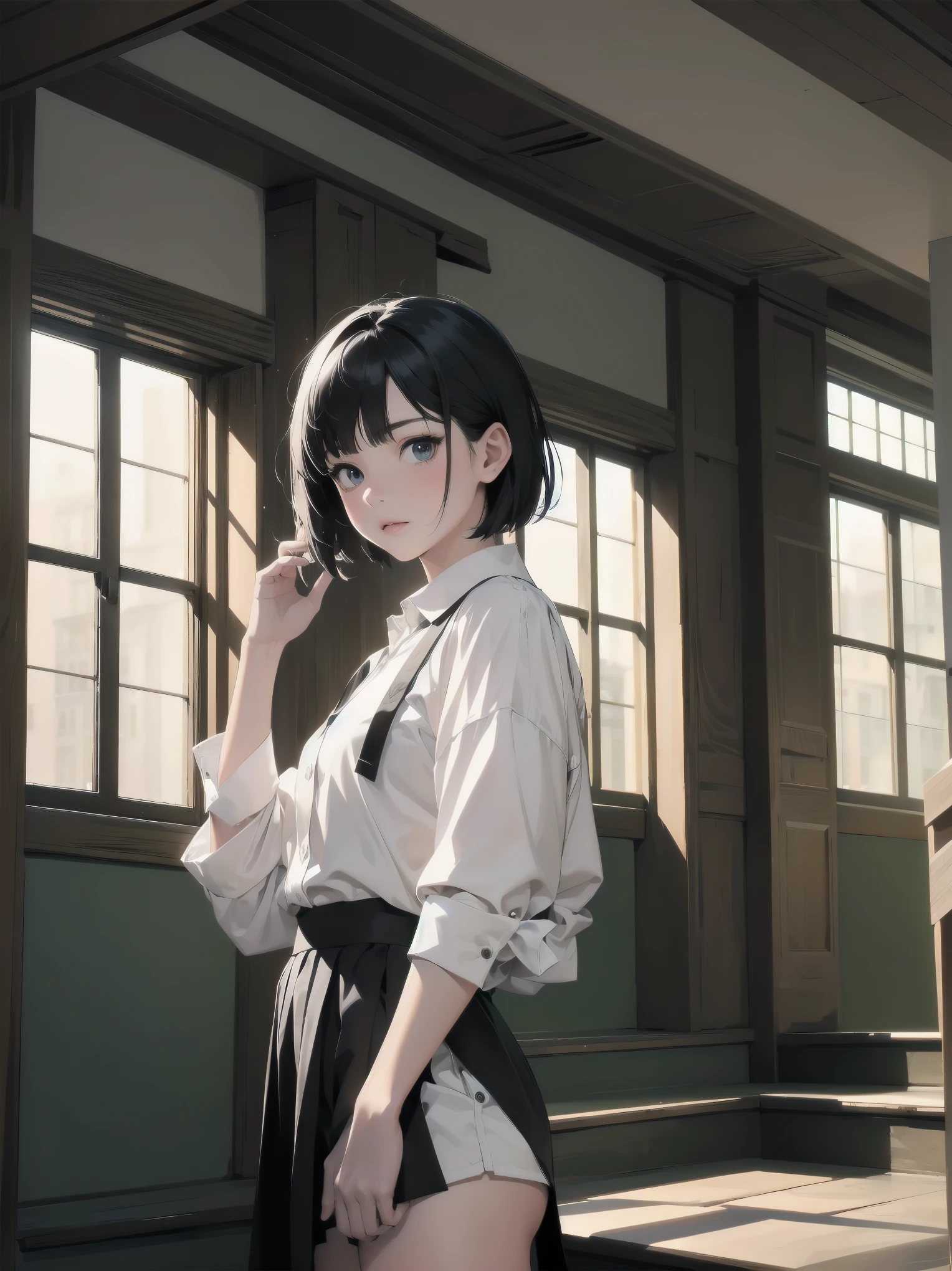 masterpiece, best quality, ultra-detailed, illustration,
1girl, , black hair, skirt , short hair, white shirt, 
kaidan, stairs, scenery, window, ダイナミックアングル、ダイナミックポーズ