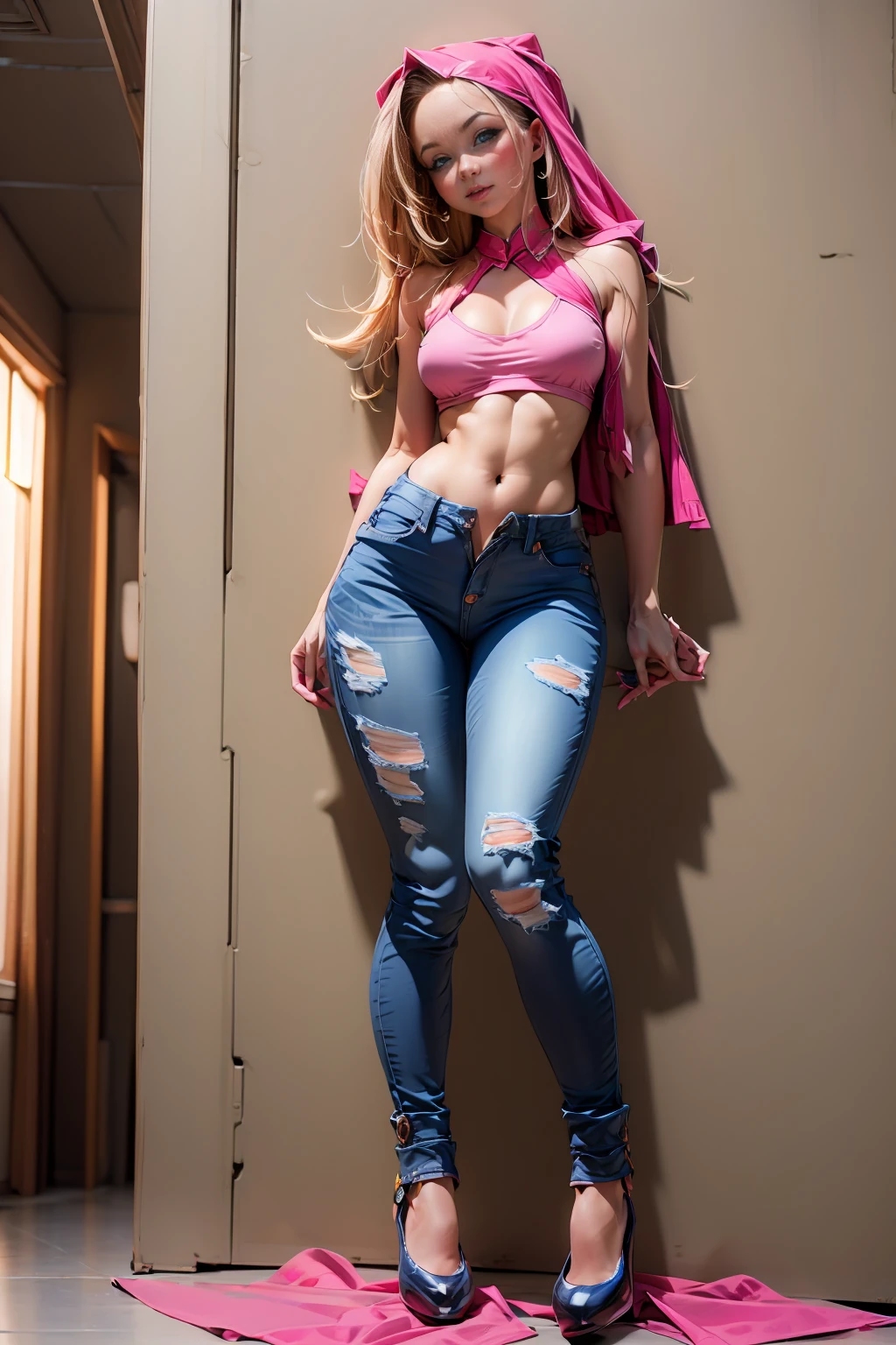 Beautiful and flirtatious dark magician gils. blue eyes . pink lips. Mejias rojas. Long blonde hair, waist length. She wears black jeans. has heels. Wear jeans and heels. pose sensual.