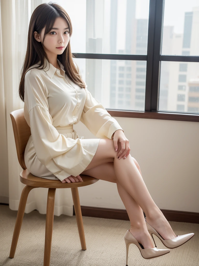 High heels、blouse、Beige mid-length skirt 、(Highest quality)、((Very detailed))、4K、(8K)、masterpiece、Very detailedな、Highest quality、Super Resolution、1 person、Kind Face、Soft Light、RAW quality、Soft Skin、163cm、White Room、Sit on a chair,30 years old、office