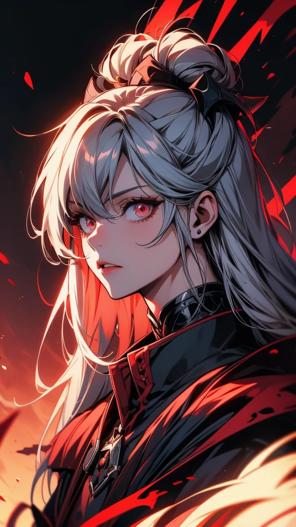Long white hair, yellow eyes, evil, sexy, black and red clothes, evil face, evil, serious look, gloss lips, sinister, front look, bloody, gloves, close up, portrait, beautiful eyes, short dress, big white, dark place, night, sensual, straight hair cut, clear skin, evil, young 30 years girl, adult girl, solo, red, very long hair, ankle length hair, handsome older WOMAN,crimson-eyes,crimson pupils,Long white hair,Hyperresolution,accuracy,Detailed rendering,(Image of fine hair)(topquality)(Masterpieces of masters)(High degree of completeness)(A sense of atmosphere)tmasterpiece,Super detailed and super detailed(((half-body portrait)))