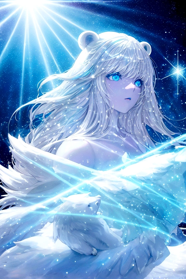 ((Polar Bear-eared girl)),((white-hair long and gorgous light blue inner color)), plump shiny lips, Beautiful clear blue eyes, Spoken Heart, Leaning forward, (snowy landscape in backround), ((Shining sunlight)), (light Particle, light glow, llight rays:1.4), masutepiece,Best Quality,ultra-detailliert,