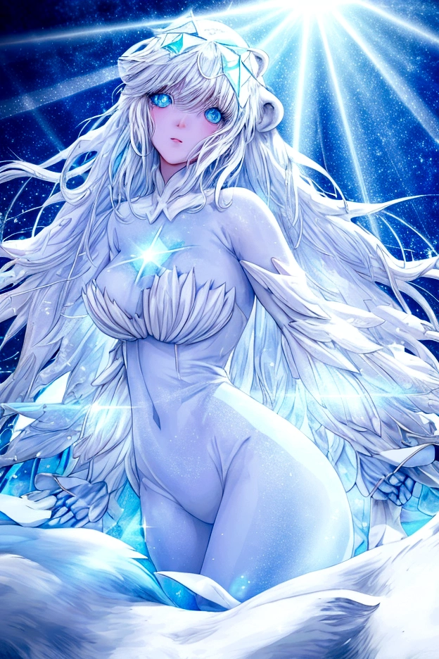 ((Polar Bear-eared girl)),((white-hair long and gorgous light blue inner color)), plump shiny lips, Beautiful clear blue eyes, Spoken Heart, Leaning forward, (snowy landscape in backround), ((Shining sunlight)), (light Particle, light glow, llight rays:1.4), masutepiece,Best Quality,ultra-detailliert,