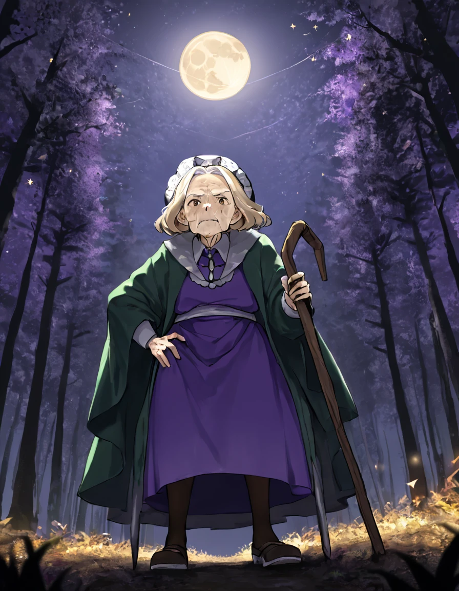 1girl,(alone), Brown eyes, night, dark, Starry Sky, full moon,Purple Dress,apron, purple shoes,Green and white fur cloak, pantyhose, Unlucky,(Cane:1),Pause,Perfect hands,Hands on hips,
Forest, Outdoor, From below, Looking down at the viewer,
(Grey-haired blonde), old, old woman,((Wrinkle,Elderly)),old,old woman,short,  fine anime screencap_Xl, anime_screencap Ken Sugimori