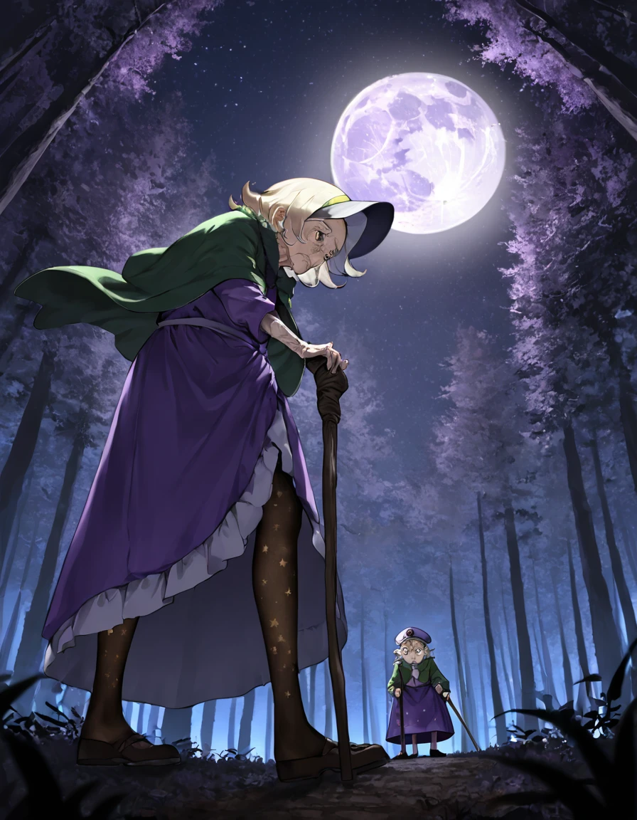 1girl,(alone), Brown eyes, night, dark, Starry Sky, full moon,Purple Dress,apron, purple shoes,Green and white fur cloak, pantyhose, Unlucky,(Cane:1),Pause,Perfect hands,Hands on hips,
Forest, Outdoor, From below, Looking down at the viewer,
(Grey-haired blonde), old, old woman,((Wrinkle,Elderly)),old,old woman,short,  fine anime screencap_Xl, anime_screencap Ken Sugimori