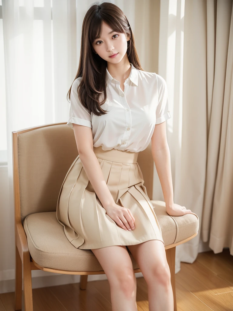 High heels、blouse、Beige mid-length skirt 、(Highest quality)、((Very detailed))、4K、(8K)、masterpiece、Very detailedな、Highest quality、Super Resolution、1 person、Kind Face、Soft Light、RAW quality、Soft Skin、163cm、White Room、Sit on a chair,30 years old、office