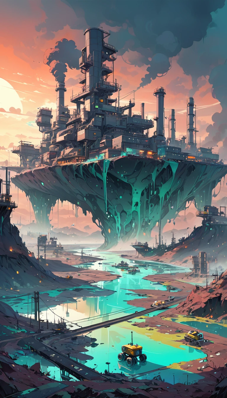 futuristic world, polluted world, robotic world, polluted water, polluted sky colors, industry, pollution, large landscape
