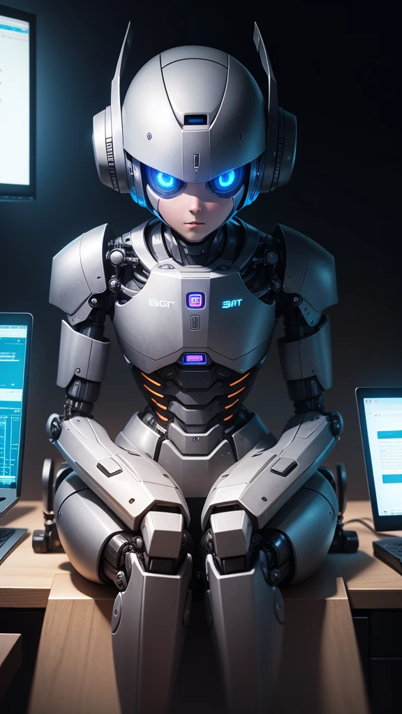 Robot sitting looking at a computer black background 