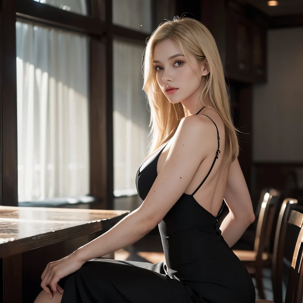 Beautiful 20-year-old white blonde college student, sporting a slender physique and a 31 bust, looking at the camera. This photorealistic masterpiece is rendered with exquisite detail and high contrast. Best 8K UHD quality, 20. Full body, perfect anatomy, curvaceous body, perfect face ), dasha taran, 20 years old, sexy face, gorgeous young model, medium blonde hair, (mid back length hair) and large eyes, Tifa Lockhart, beautiful model, very pretty model, american girlfriend, good young girl, Hyperrealism, super detail, anatomically correct. wearing a elegant black dress, sitting, at elegant restaurant
