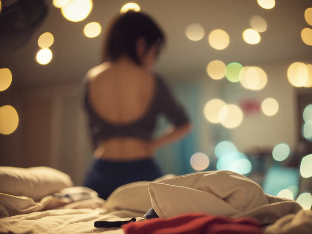 Voyeur , (old color negative film) , (soft focus:1.2) , (Bokeh:1.5) , woman , woman's messy room , Activities of daily living , underwear , looking away