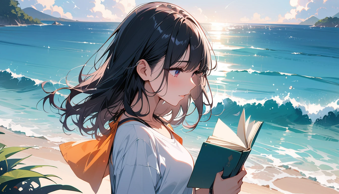 (masterpiece, Highest quality:1.2), 1 Girl, alone,Eyes open,I have a book,Tropical atmosphere,Ocean