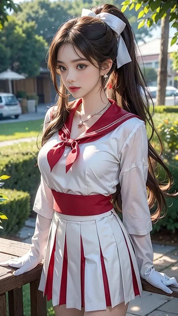 (, high resolution, Ultra Detailed, nffsw), On the table, best quality, SAMA1, Tira, Sailor warrior, White gloves, Red sailor collar, Red Skirt, Star necklace, Elbow groove, Pleated Skirt, Bare legs, Purple bow, Cowboy photoshoot, outdoor, Bokeh (85mm lens), Front camera, Gentle expression, wind blowing hair, fluffy hair, hair ((Brown)), Ponytail, Casual hairstyles, Blonde hair, Mole under left eye, Perfect body, Big breasts, Large Breasts, Top quality wearing hair ribbons, Earrings of top quality, garden,