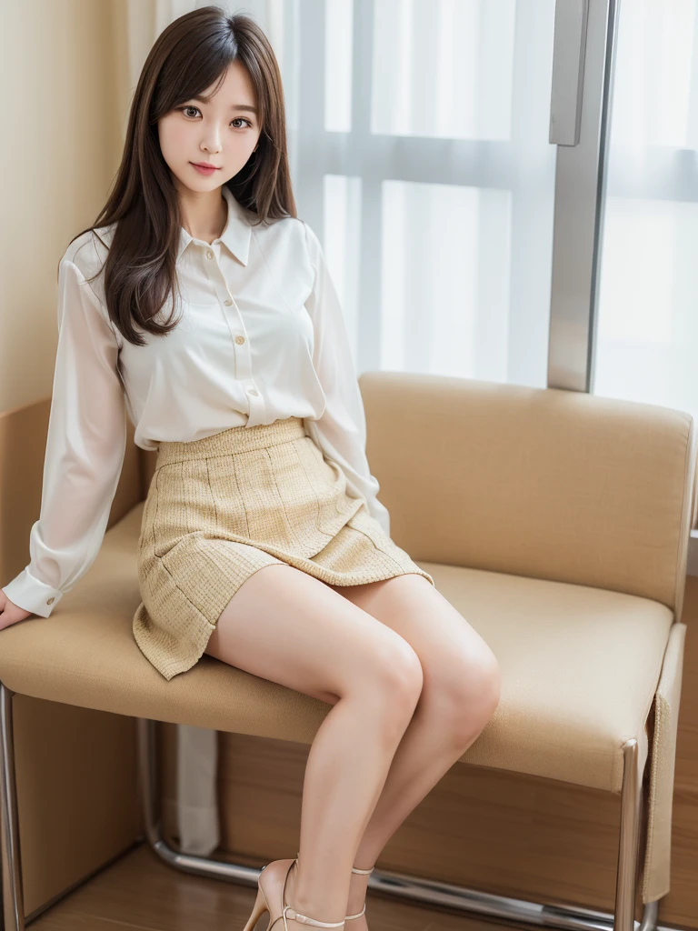 High heels、blouse、Beige mid-length skirt 、(Highest quality)、((Very detailed))、4K、(8K)、masterpiece、Very detailedな、Highest quality、Super Resolution、1 person、Kind Face、Soft Light、RAW quality、Soft Skin、163cm、White Room、Sit on a chair,30 years old、office