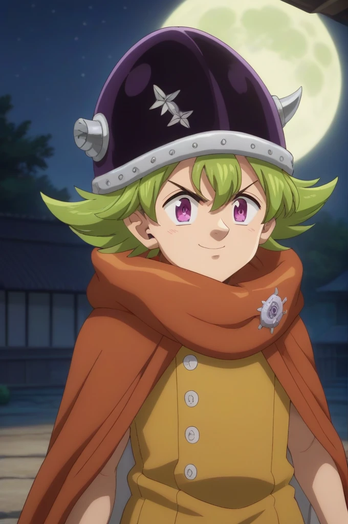 score_9, score_8_up, score_7_up, source_anime, rating_safe, , anime screencap, anime coloring, official style, , , 1boy, solo, male focus, percival_nnt_mny, green hair, purple eyes, helmet, cowboy shot, dojo, night, full moon, floating, smirk, ,, 