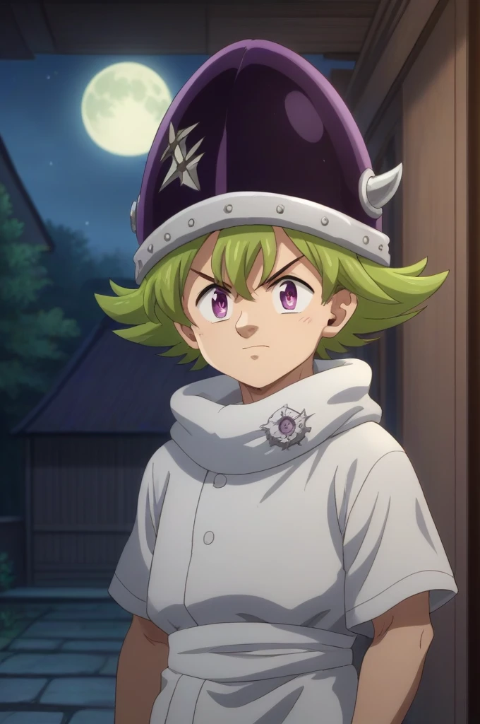 score_9, score_8_up, score_7_up, source_anime, rating_safe, , anime screencap, anime coloring, official style, , , 1boy, solo, male focus, percival_nnt_mny, green hair, purple eyes, helmet, cowboy shot, dojo, night, full moon, floating, smirk, ,, 