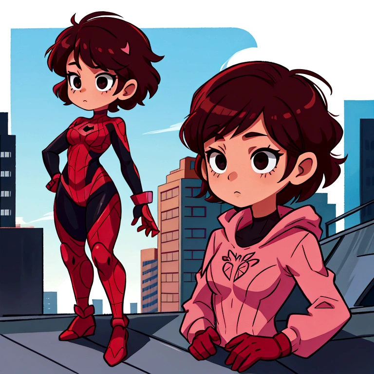 pink spiderman costume, brown short hair, black eyes, female, Scene standing on the rooftop, 1 person, high quality