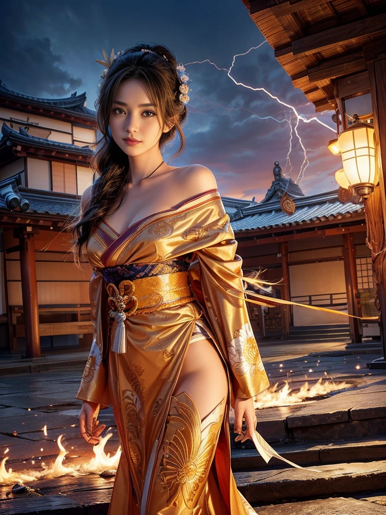 (RAW shooting, Photoreal:1.5, 8k, highest quality, masterpiece, ultra high resolution), Sengoku, Japanese architecture in the background collapses:1.3, いたるところで燃え上がる戦fire:1.3, perfect dynamic composition:1.2, Highly detailed skin and facial textures:1.2, Slim female samurai with a sharp Japanese sword:1.3, Fight:1.2, beautiful and aesthetic, cute and sexy beauty, perfect style:1.2, wear elaborate rings, fire, water, Wind, thunder, ice, Fair skin, very beautiful face, (Medium chest, Chest gap), (embarrassing smile, The expression on your face when you feel intense caress, Facial expression when feeling pleasure), (Wearing a sexy Sengoku uniform:1.2, off shoulder), (beautiful blue eyes, Eyes that feel beautiful eros:0.8), (Too erotic:0.9, Bewitching:0.9), full body shot