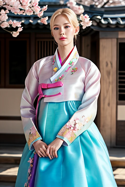 American white girl, blonde hair, blue eyes, hyper realistic, lifelike texture, dramatic lighting, (best quality:1.1), partially immersed in flower, (hanbok, korean clothes:1.4), depth of field, lifelike, colorful flower bed in the background, falling sakura blossoms, depth of field, beauty512,