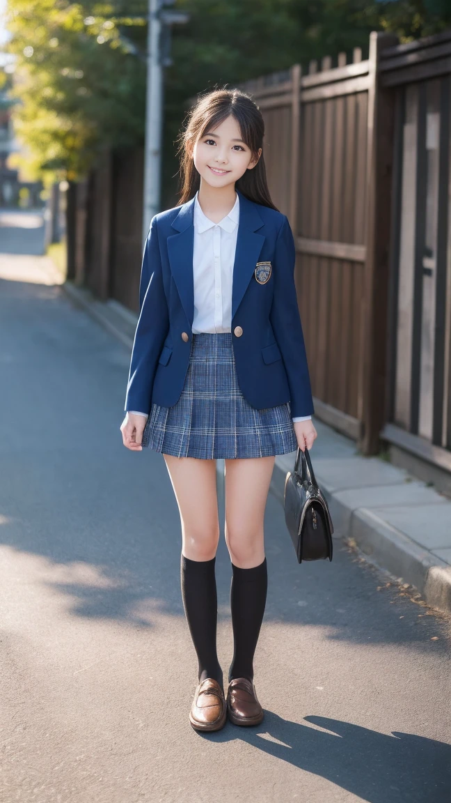(masterpiece、8k、muste piece、RAW photo:1.4)、High resolution、((far away from the person))、((Full body photo from face to toes))、big eyes and small face、Height: 155cm、Japanese beautiful girl、Smile of a smiling beautiful girl、facing the front、Stand with your feet together, slender、stand up with good posture、Residential area in the morning、realistic、-yeld ju slender and delicate body、small breasts、Blue Blazer Uniform、girls 、plaid skirt、healthy young teenage woman, (Knee High Socks), brown loafers leather shoes、Wear loafers、put your feet on the ground、full body shot、full body shot、Neat hairstyle details、Emphasizes the very slender leg line