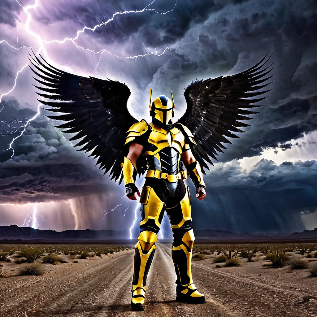 A fierce angel with rugged wings and battle-worn armor, standing in a desolate desert with apocalyptic storm clouds and radioactive lightning.