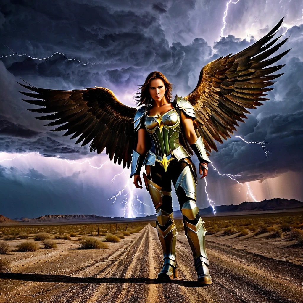 A fierce angel with rugged wings and battle-worn armor, standing in a desolate desert with apocalyptic storm clouds and radioactive lightning.