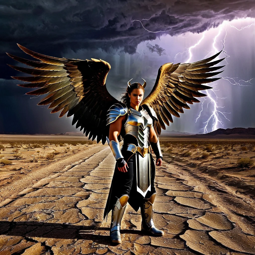 A fierce angel with rugged wings and battle-worn armor, standing in a desolate desert with apocalyptic storm clouds and radioactive lightning.