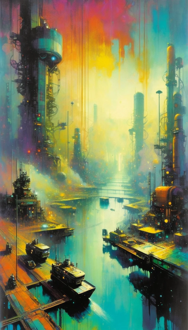 futuristic world, polluted world, robotic world, polluted water, polluted sky colors, industry, pollution, large landscape,,(art inspired by Bill Sienkiewicz ). oil painting)