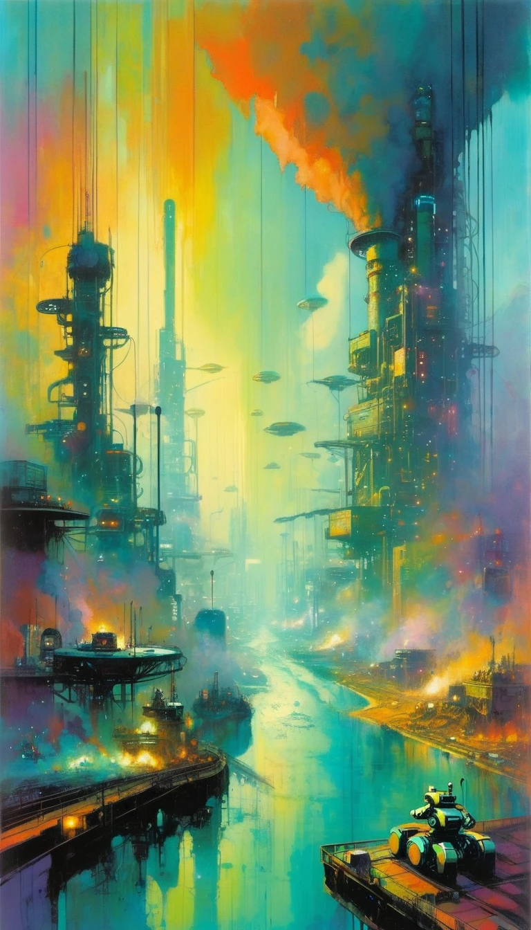 futuristic world, polluted world, robotic world, polluted water, polluted sky colors, industry, pollution, large landscape,,(art inspired by Bill Sienkiewicz ). oil painting)