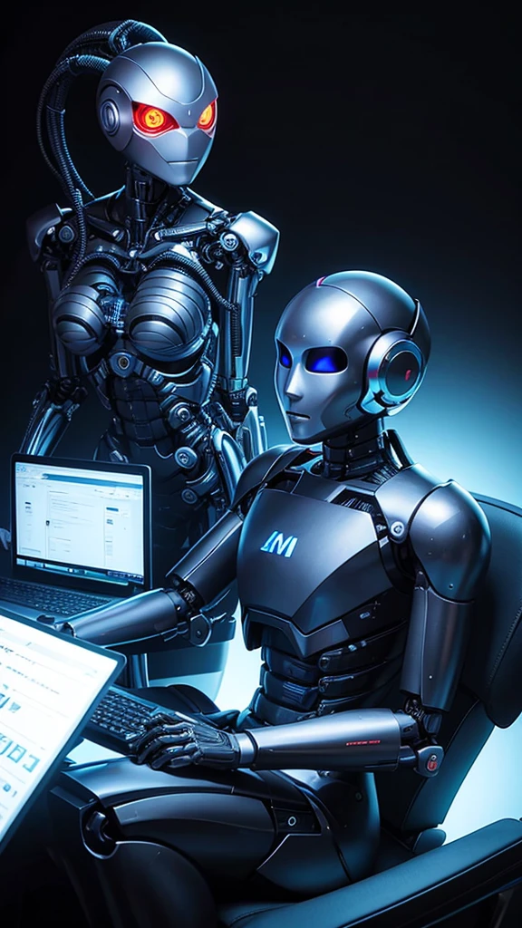 Robot sitting typing on a computer black background