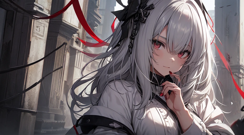top-quality、Top image quality、tmasterpiece、girl vs.......((18yr old、White dress、best bust、Bust 85、A white-haired woman、Long gray hair、grey-eyed、red string，Black nails，we open our hearts、Happy、return blood)）high high quality、visual art、Background with((Black and white world))、Kurosawa film style